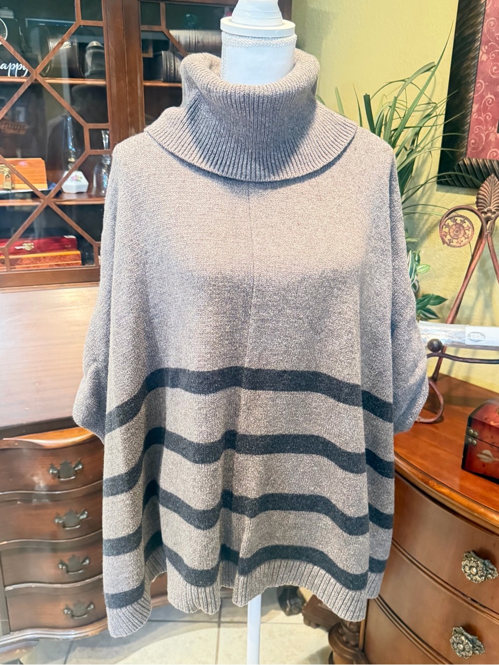 Banana Republic S Brown Striped Poncho Cape Turtleneck Cotton Wool